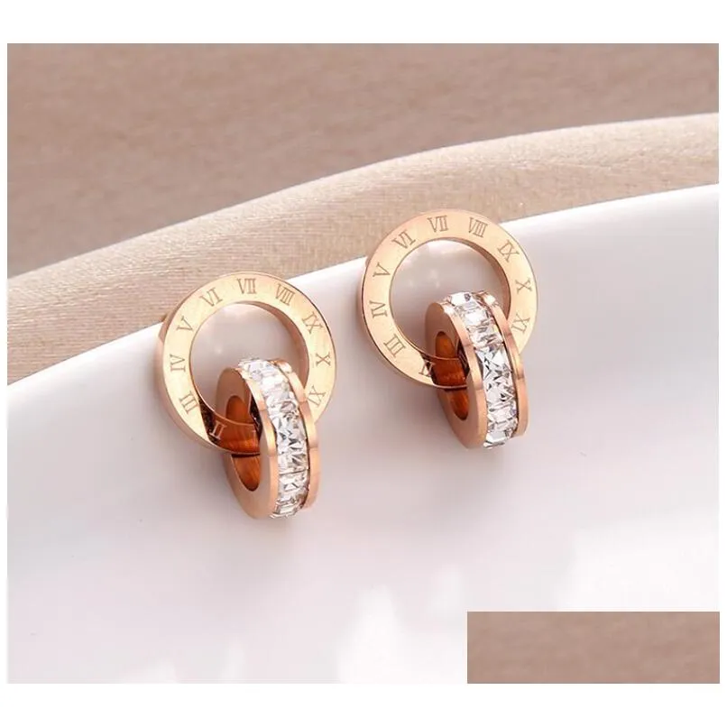 crystal diamond stud earrings rose gold fashion titanium steel double wound roman numerals studs earring for girl women gift jewelry