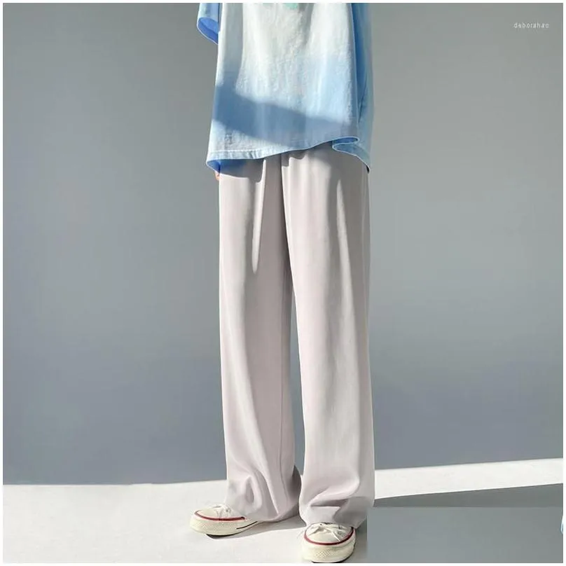 mens pants ice mens silk summer wide mop 2022 casual pink blue black white straight trousers korean long 2y2225