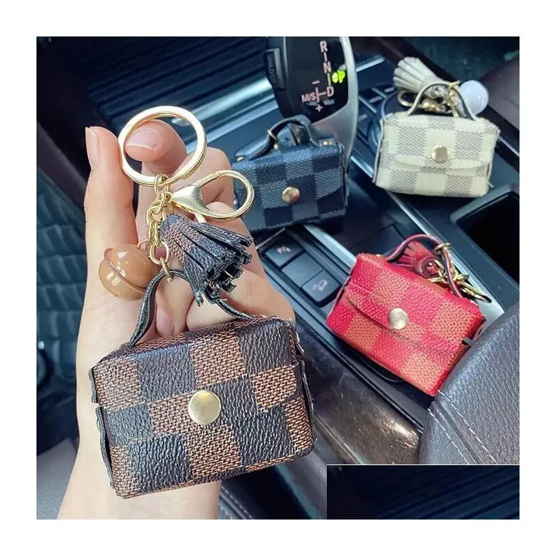 brown grey plaid keychains rings pu leather tassel headphone case car keyrings cute coin bag pendant charms fashion jewelry for women