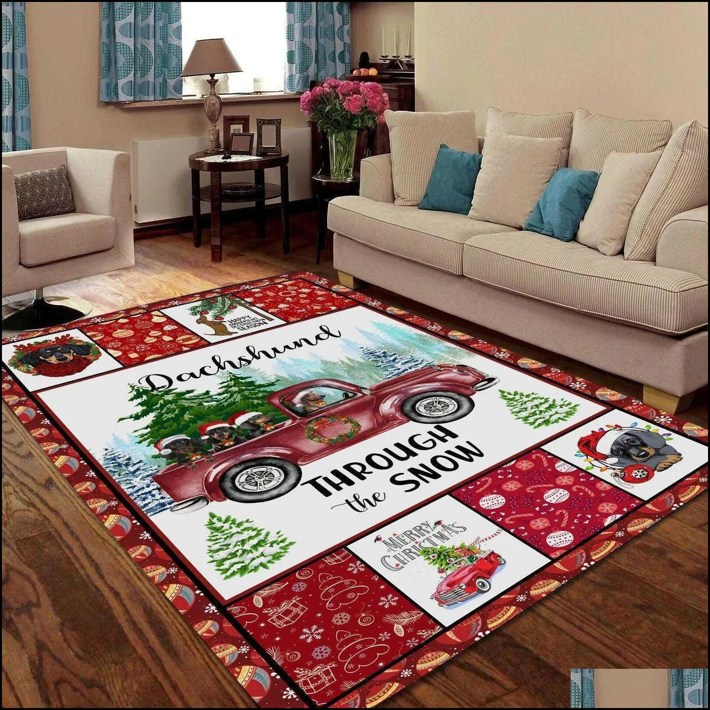 christmas red truck snowy living 3d printed rugs mat antislip large rug carpet home decoration 211026