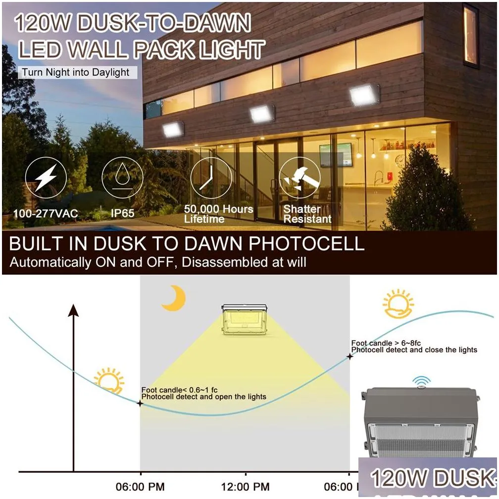 120w led wallpack lamp with dusktodawn p ocell 5000k daylight outdoor security lighting commercial and industrial led wall light for garages