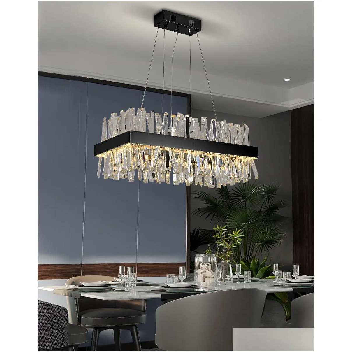 modern hanging chandelier pendant lamps for dining room luxury rectangle kitchen island crystal lamps chrome/gold led home decor light
