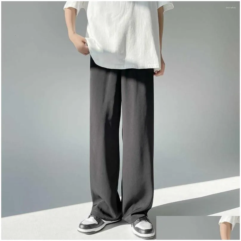 mens pants ice mens silk summer wide mop 2022 casual pink blue black white straight trousers korean long 2y2225