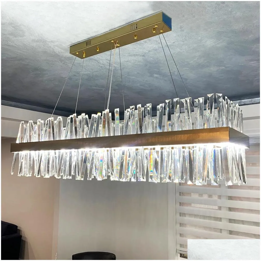 modern hanging chandelier pendant lamps for dining room luxury rectangle kitchen island crystal lamps chrome/gold led home decor light