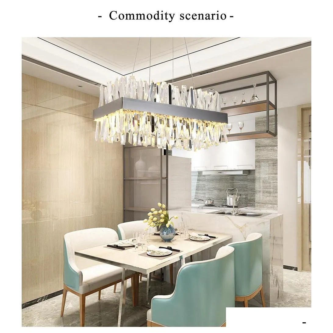 modern hanging chandelier pendant lamps for dining room luxury rectangle kitchen island crystal lamps chrome/gold led home decor light