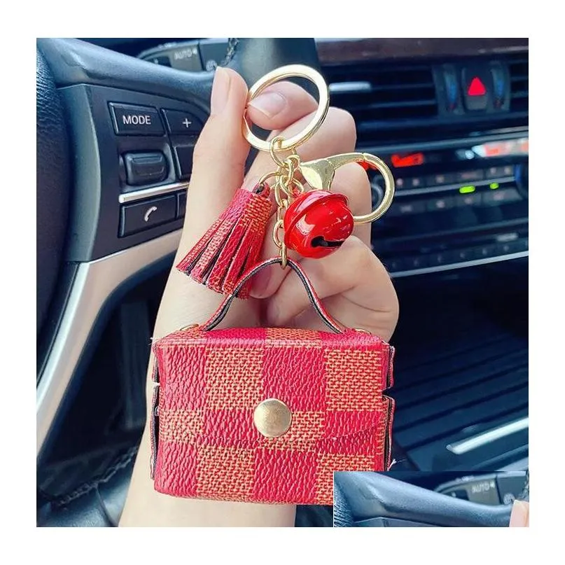 brown grey plaid keychains rings pu leather tassel headphone case car keyrings cute coin bag pendant charms fashion jewelry for women