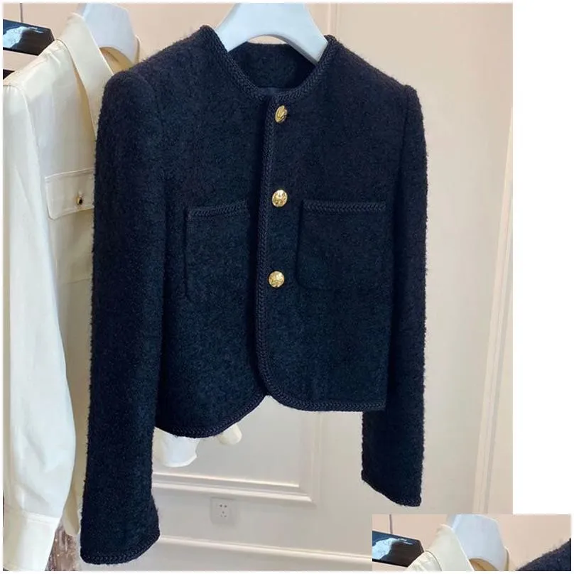 womens jackets high quality fashion black tweed two pockets golden buttons elegant coats spring autumn clothes 220913