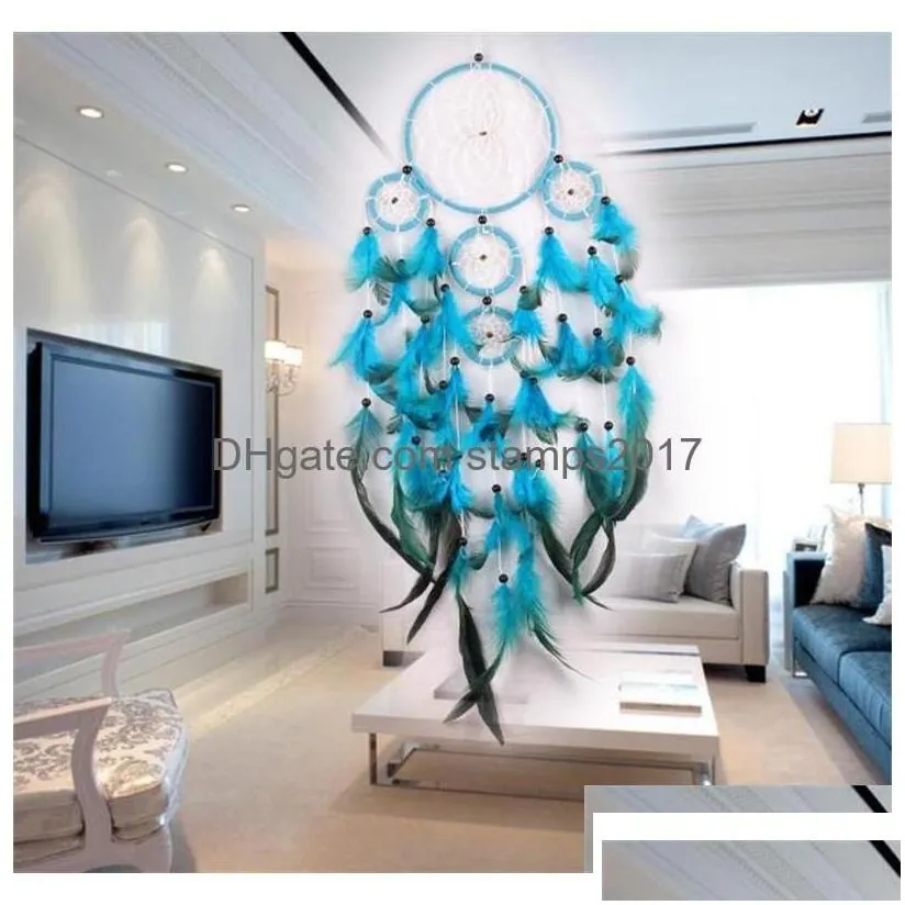 arts and crafts handmade dream catcher wind chime net natural feather make home furnishing decorate blue wall hanging delicate arriv