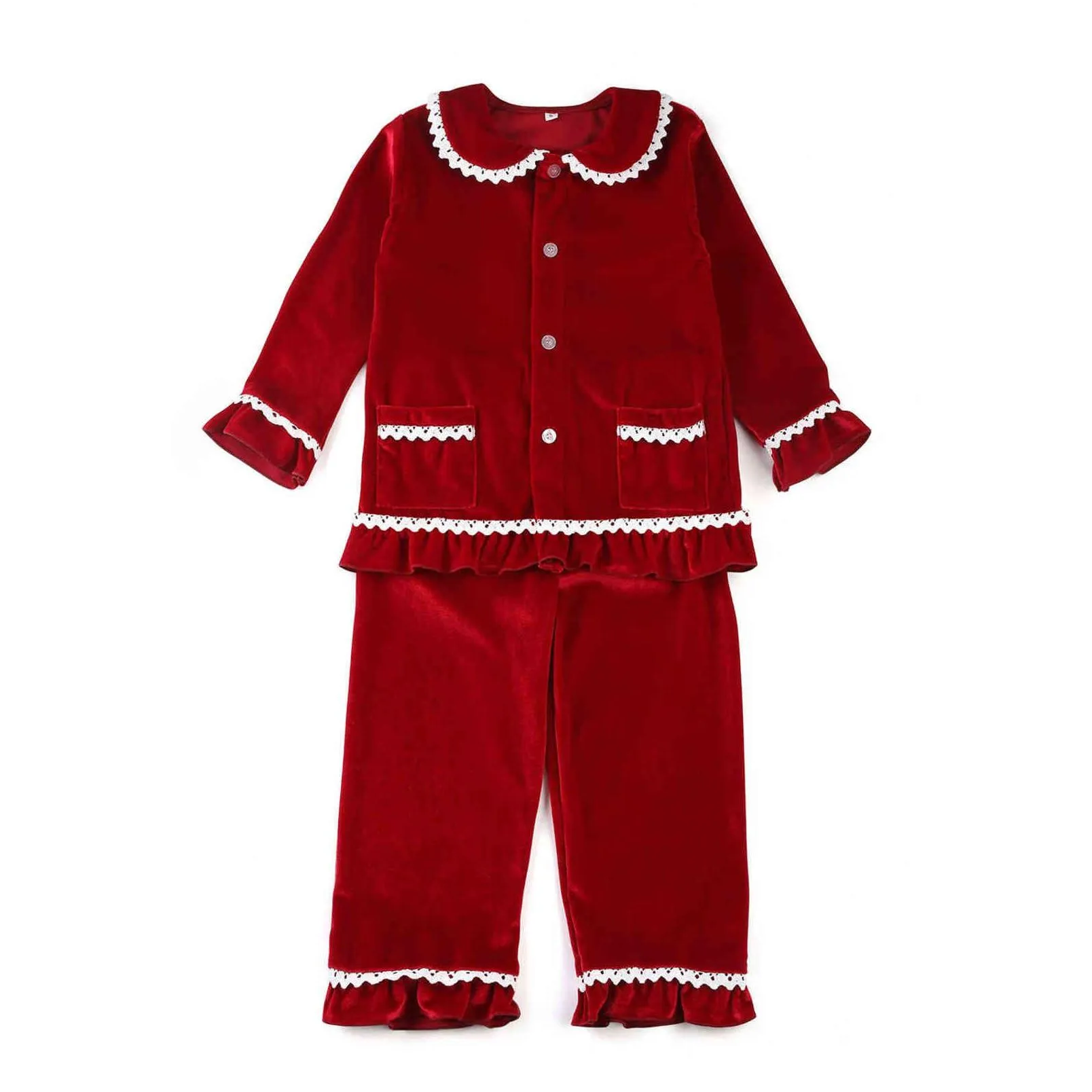 xmas pjs red velvet button up christmas pyjamas kids sleepwear matching pj girls pijama sets 211109