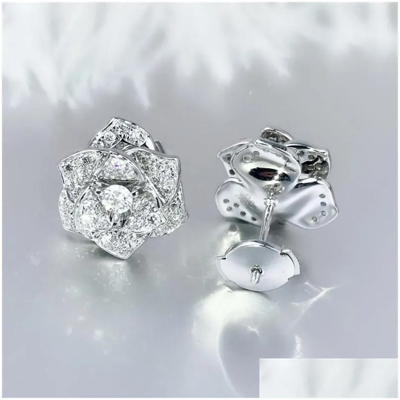flower diamond stud earring real 925 sterling silver jewelry 24k gold engagement wedding earrings for women bridal party gift