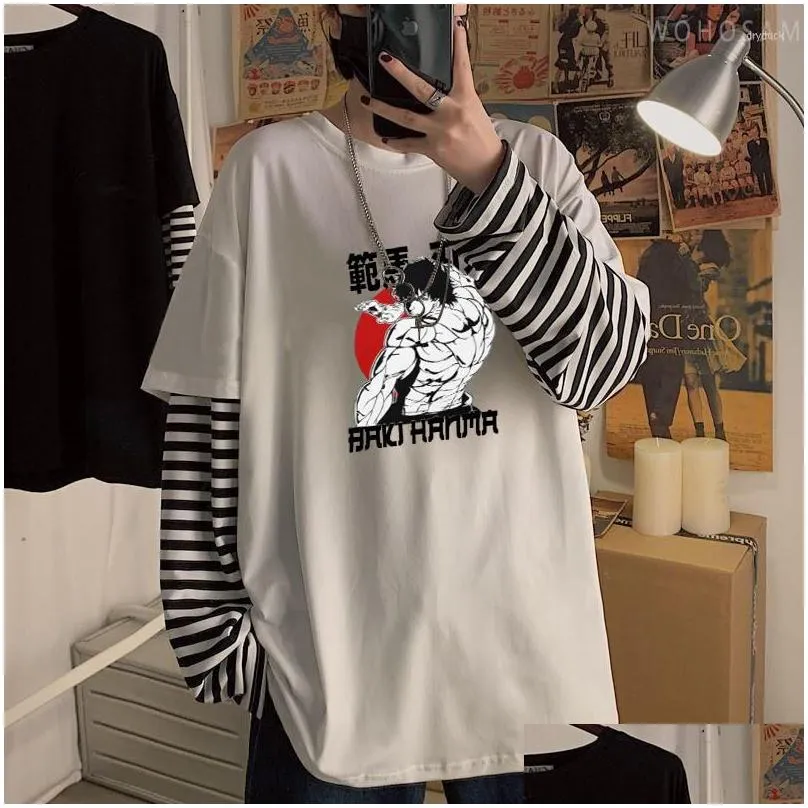 mens t shirts baki hanma anime manga shirt hip hop oversize men long sleevework stripe tshirt harajuku cool cartoon summer