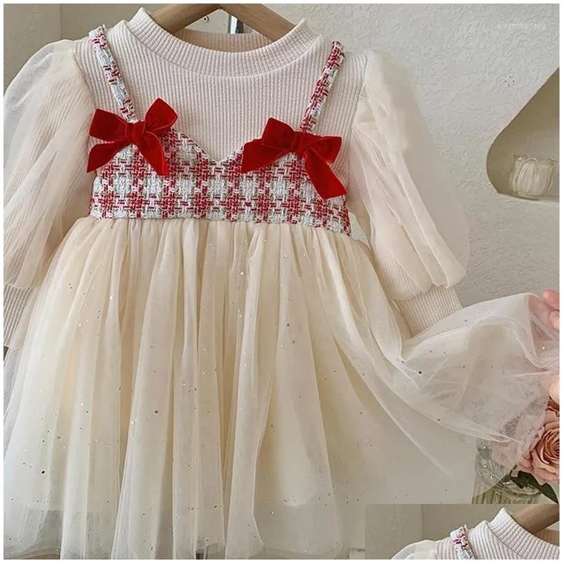 girl dresses 2023 baby girls winter dress elegant kids fake 2pieces plaid mesh princess birthday children vestidos clothing