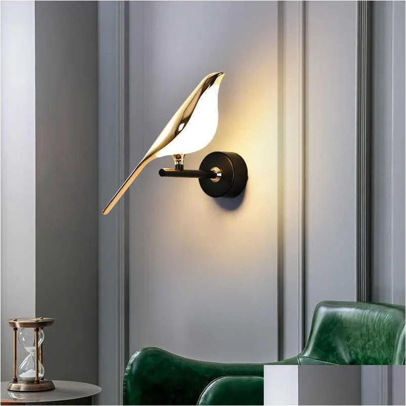 postmodern creativity gold plating bird led wall lamps hallway stairs sconce bedroom light designer decor fixtures 210724