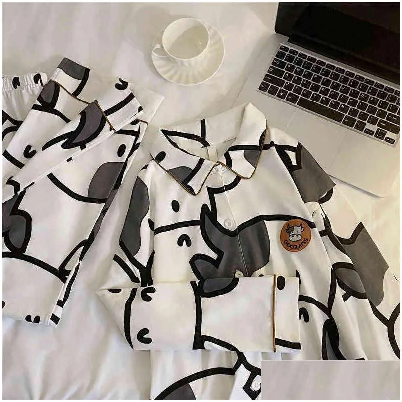 qweek cow print pajamas two piece set autumn pijamas women cotton cute home clothes pyjamas sleepwear japanese style kawaii 211211