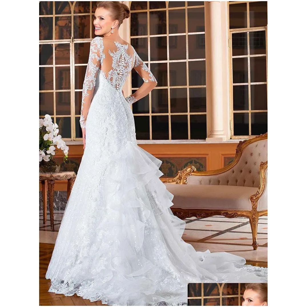 2022 vintage long sleeves mermaid wedding dresses appliqued lace button tiered ruffles back bride gowns vestidos de novia robe de