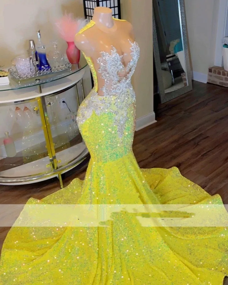 Sparkly Yellow Mermaid Prom Dresses 2024 Black Girls Crystals Luxury Plus Size Birthday Party Formal Evening Occasion Gowns Robe De Bal