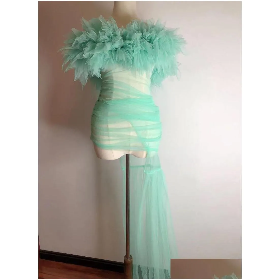 stage wear green mesh flower dress sexy transparent long train costume birthday prom celebrate outfit evening dj dance show clothes