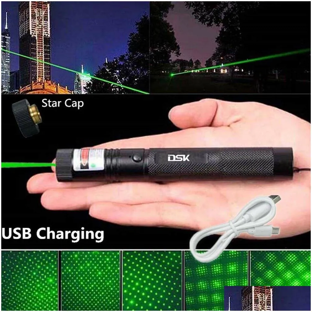 200mile usb rechargeable green laser pointer astronomy 532nm grande lazer pen 2in1 star cap beam light builtin battery pet toy