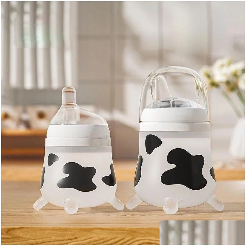 Silicone Baby Bottle Cute Cow Print Anti Colic Feeding Bottle for Infant 240ml 2024 Drop Shipping