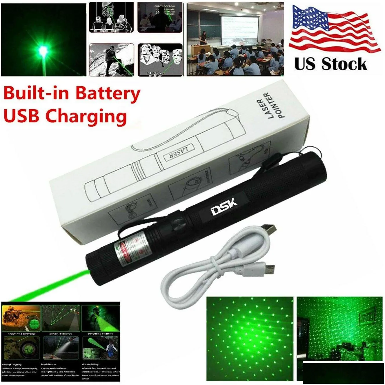 200mile usb rechargeable green laser pointer astronomy 532nm grande lazer pen 2in1 star cap beam light builtin battery pet toy