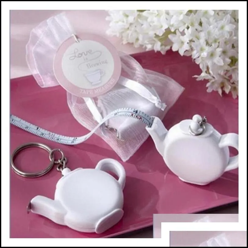 Party Favor Love Is Brewing Teapot Plastic Measuring Tape Keychain Portable Mini Key Chain Wedding Christmas Gift Favors Za1221 Drop