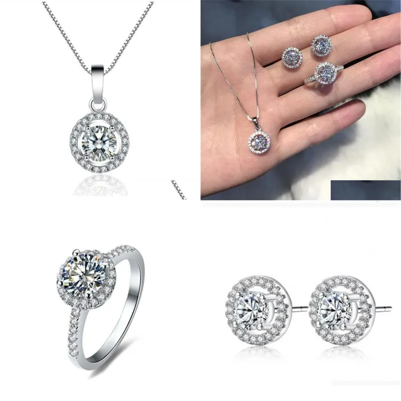 trendy diamond jewelry set real 925 sterling silver party wedding rings earrings necklace for women bridal moissanite jewelry