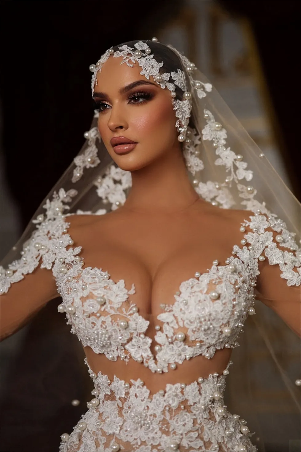 Gorgeous Mermaid Wedding Dresses V-neck Bareback Long Sleeves Applicant Pearls Backless Satin Chapel Gown Zipper Custom Made Plus Size Bridal Gown Vestidos De Novia