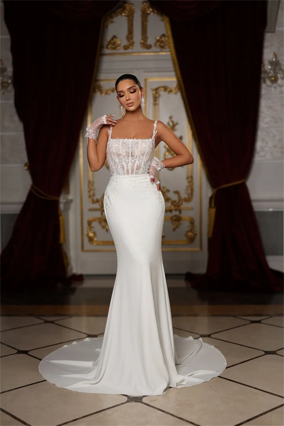 Elegant Mermaid Wedding Dresses Spaghetti Square Lace Applicant Backless Sleeveless Court Gown Zipper Custom Made Plus Size Bridal Gown Vestidos De Novia