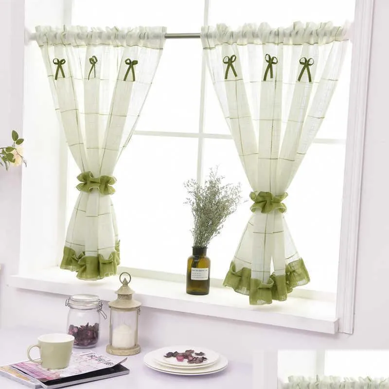 short curtains for kitchen yarn dyed plaid linen tulle curtain for living room bedroom white blinds on window home decor rideau 210712