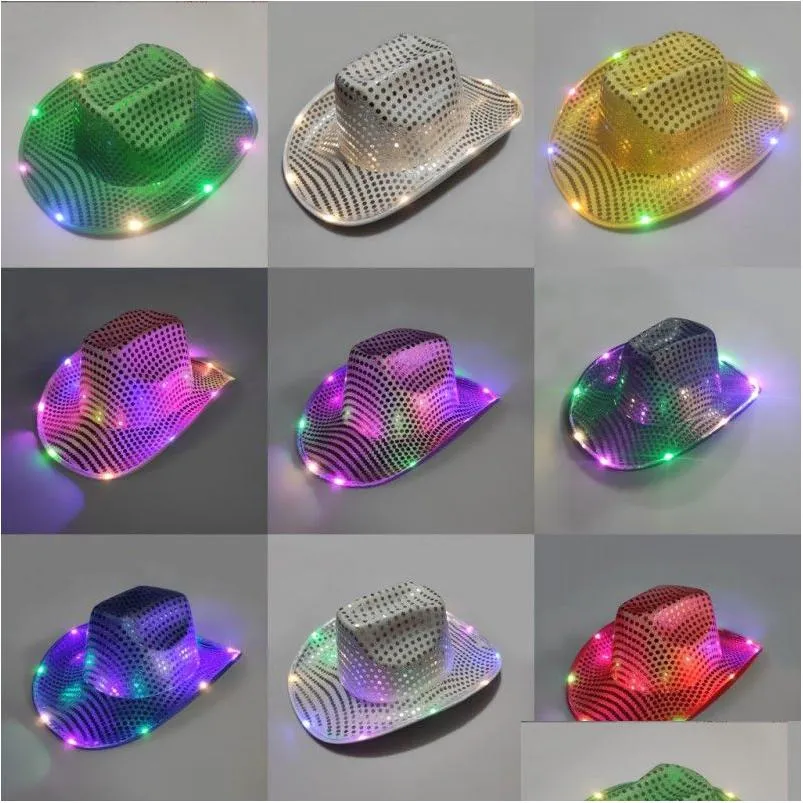 space cowgirl led hat flashing light up sequin  hats luminous caps halloween costume 1507 d3