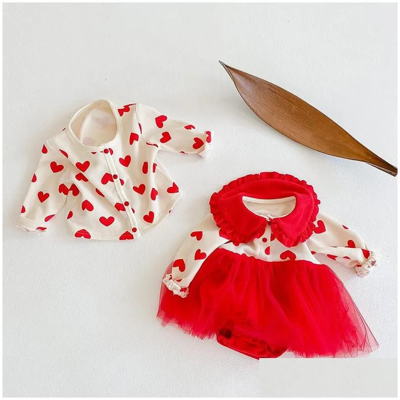 baby girls valentines day outfits kids love heart cardiganaddruffle lapel long sleeve tulle romper 2pcs newborn baby kid clothes a5606