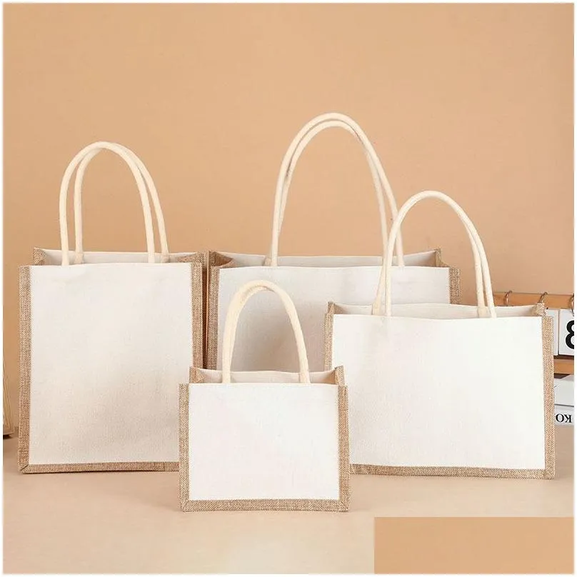 sublimation blank polyester canvas tote bag waterproof pe film lined linen jute shopping bag natural eco friendly totes blanks