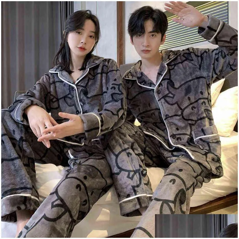 qweek couple pajama woman winter flannel cow print pyjama pour femme female set 2 pcs home clothes pijamas trouser suits 211211