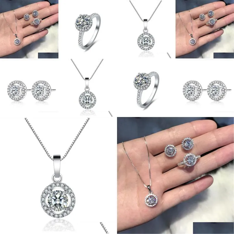 trendy diamond jewelry set real 925 sterling silver party wedding rings earrings necklace for women bridal moissanite jewelry