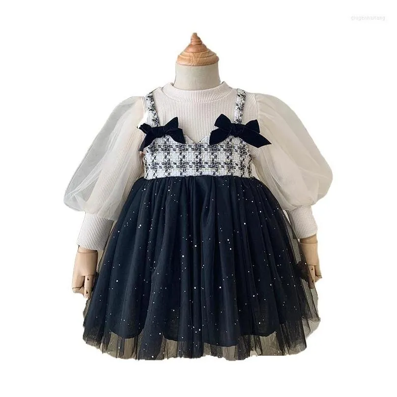 girl dresses 2023 baby girls winter dress elegant kids fake 2pieces plaid mesh princess birthday children vestidos clothing
