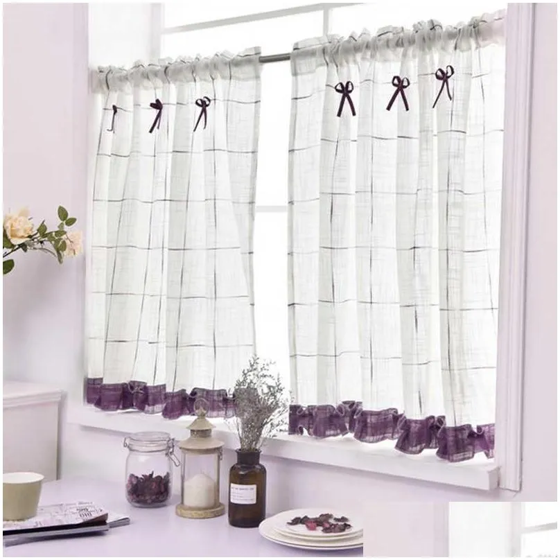 short curtains for kitchen yarn dyed plaid linen tulle curtain for living room bedroom white blinds on window home decor rideau 210712
