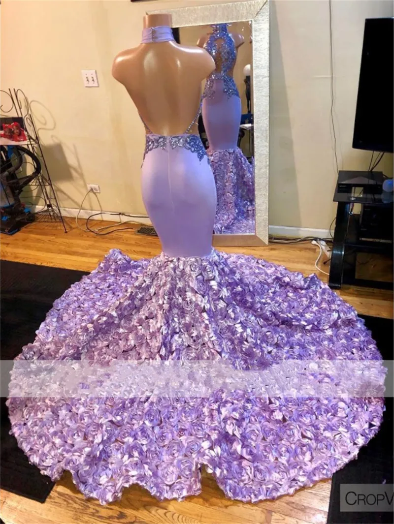 Sexy Purple Mermaid Prom Dresses 2023 Halter Crystal Lace Appliques Ruffles Graduation Party Dress Formal Gowns Robe De Bal Court Train