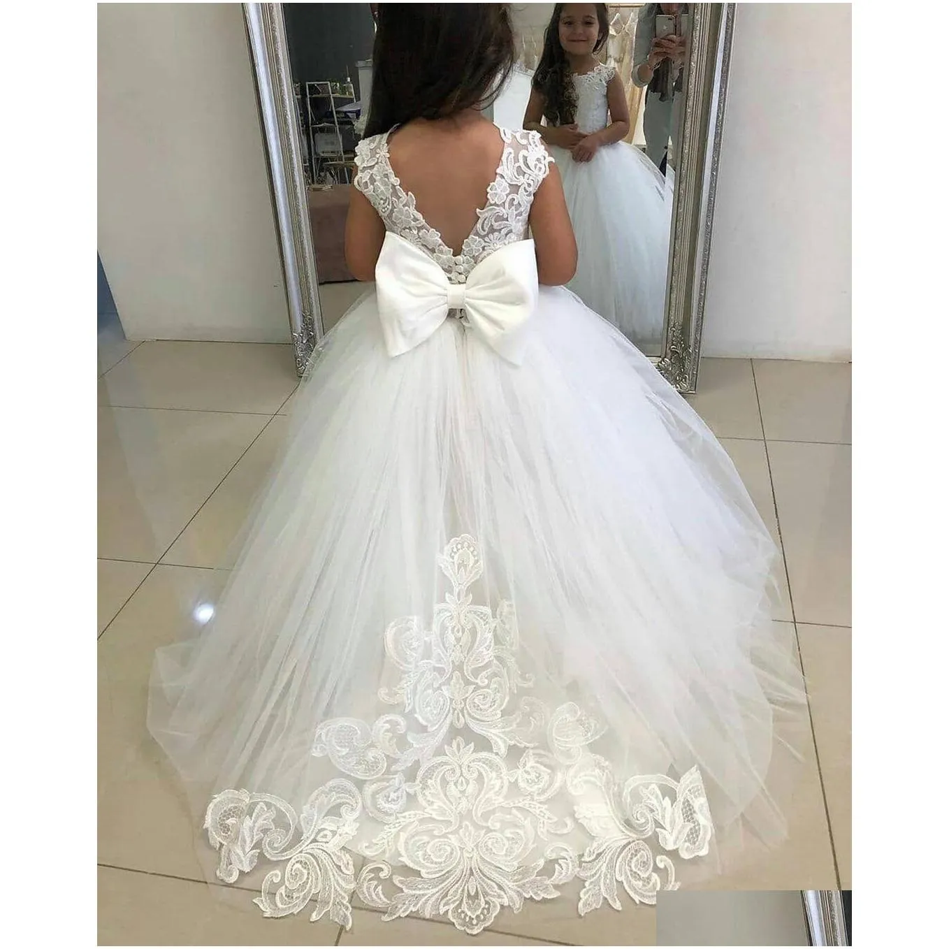 214 years lace tulle flower girl dress bows childrens first communion dress princess ball gown wedding party dress