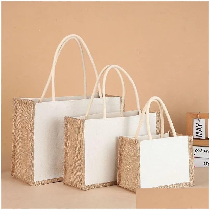 sublimation blank polyester canvas tote bag waterproof pe film lined linen jute shopping bag natural eco friendly totes blanks