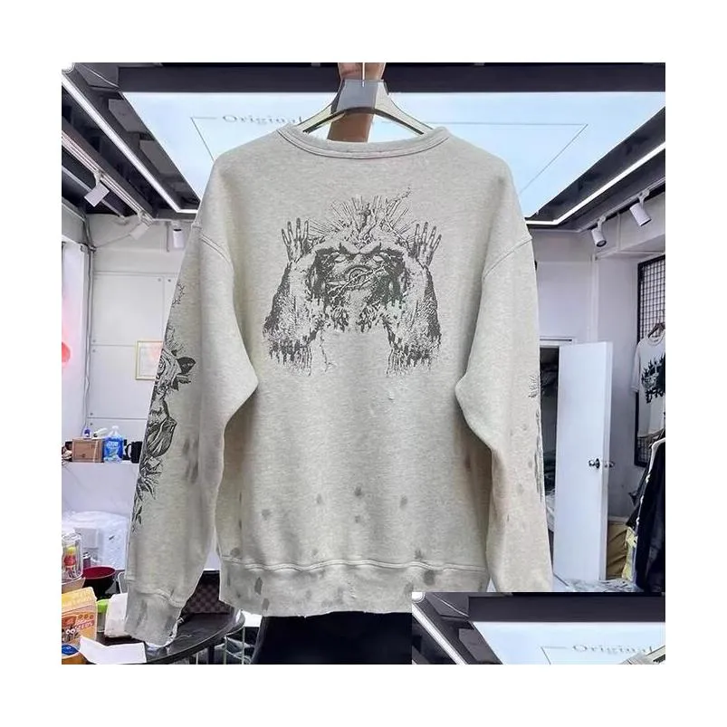 beige sweatshirts crewneck mens plus size hoodies sweatshirts women 2023ss graffiti vandalism casual turtleneck looser