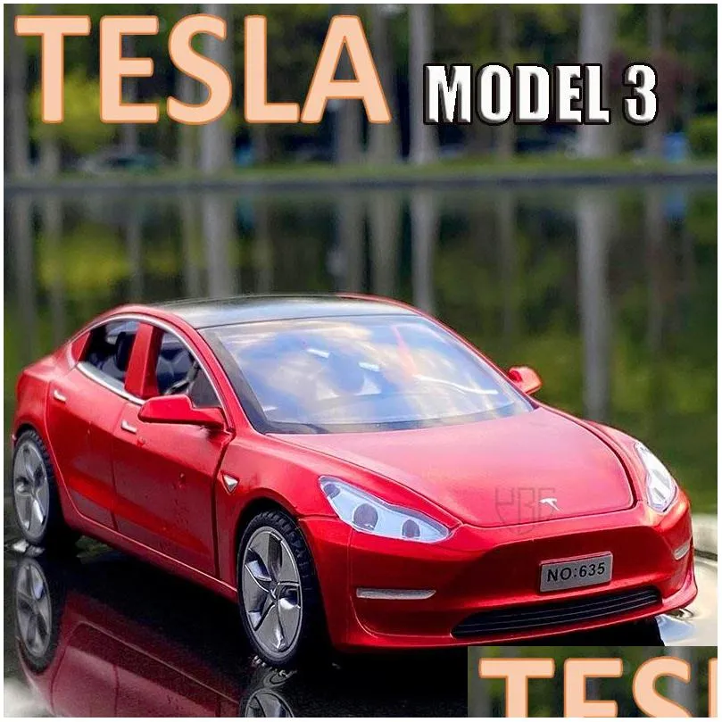 1/32 tesla model 3 alloy car model diecasts electric energy boy vehicle metal toy with sound light for kid children gifts 220719