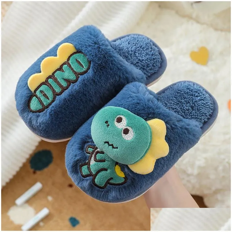 slipper fuzzy slippers cartoon dinosaur warm thick furry winter boys girls children home indoor shoes non slip kids 221110