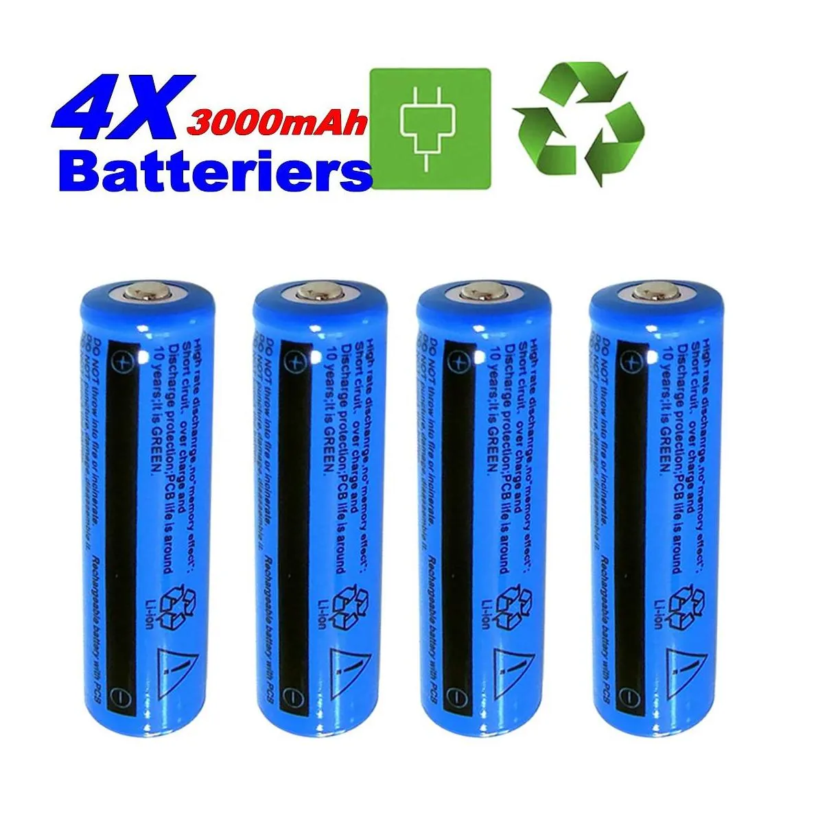 4pack liion rechargeable 3000mah batteries 18650 battery 3.7v 11.1w brc battery not aaa or aa battery for flashlight torch laser