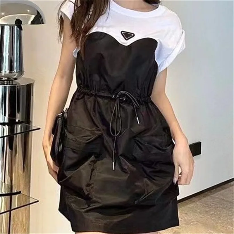 Casual Dresses Round Neck Chest Triangle Label Color Contrast Black And White Stitching Drawstring Waist Sleeveless Dress