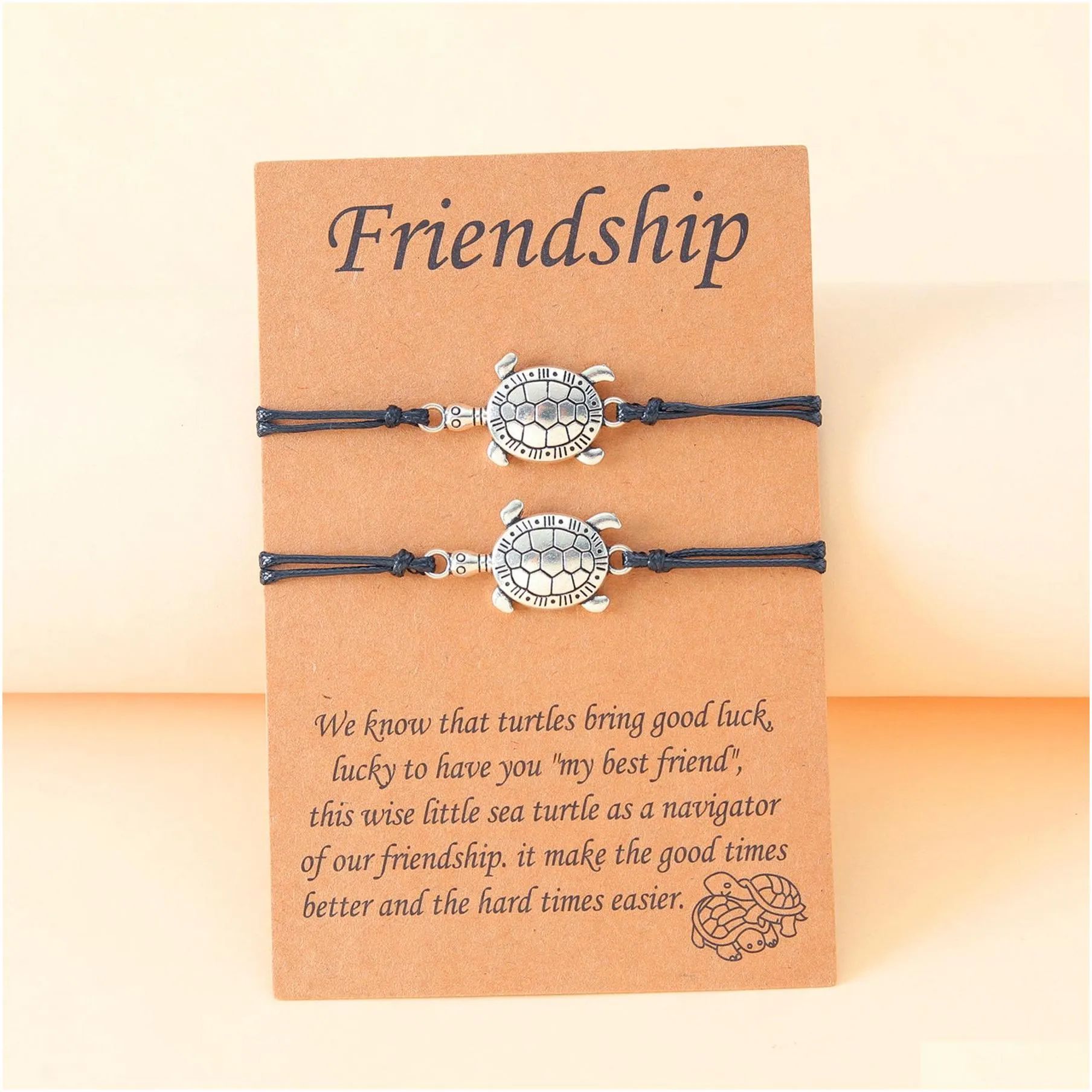 fashion personality small turtle alloy handmade friendship card hand women bracelet adjustable bangle 2pcs/set