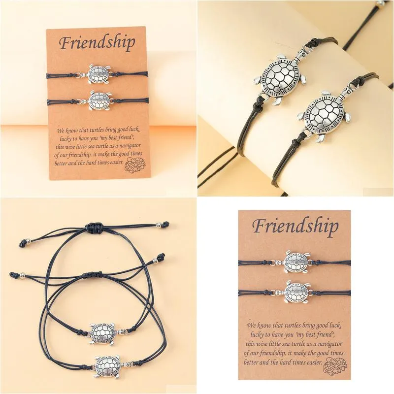 fashion personality small turtle alloy handmade friendship card hand women bracelet adjustable bangle 2pcs/set