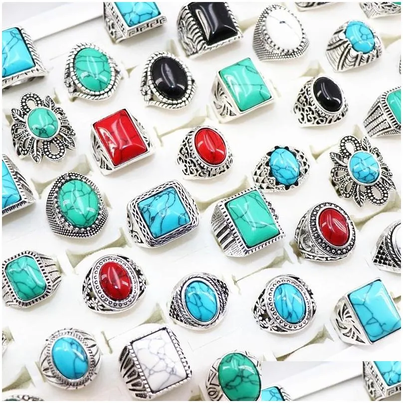 fashion turquoise stone antique silver rings for mens womens jewelry mix style size 17mm to 21mm5170271