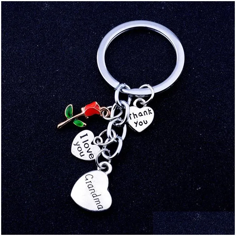 fashion rose flowers i love you heart charms keychain family daughter grandma aunt sister mom key chains thank you gifts keyring