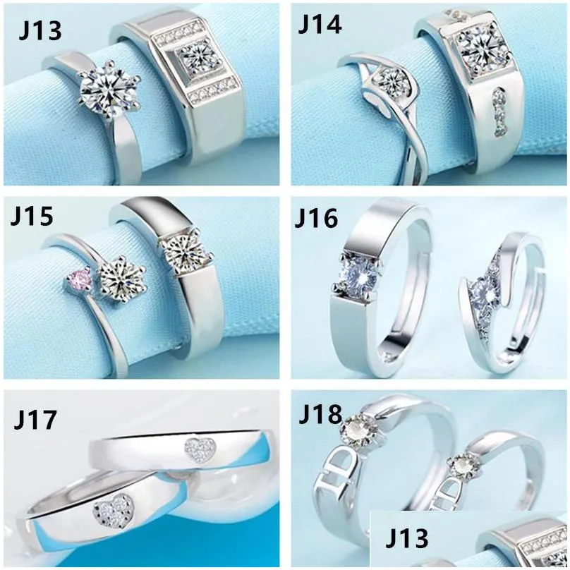 32 designs couple rings adjustable 2pc/set lovers rings 925 silver feather heart crown cross cubic zirconia rings