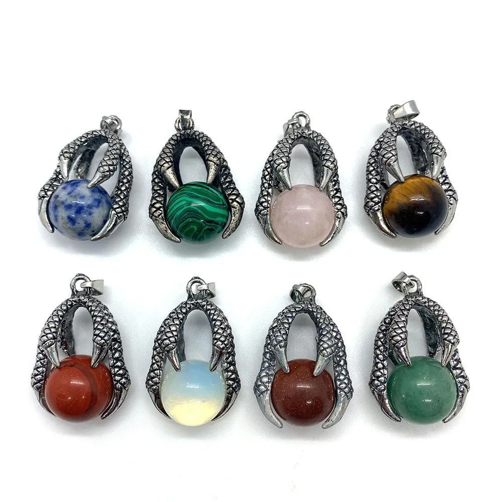 dragon claw natural crystal stones charms round tiger eye black onyx rose quartz stone ball charm beads pendants for jewelry making